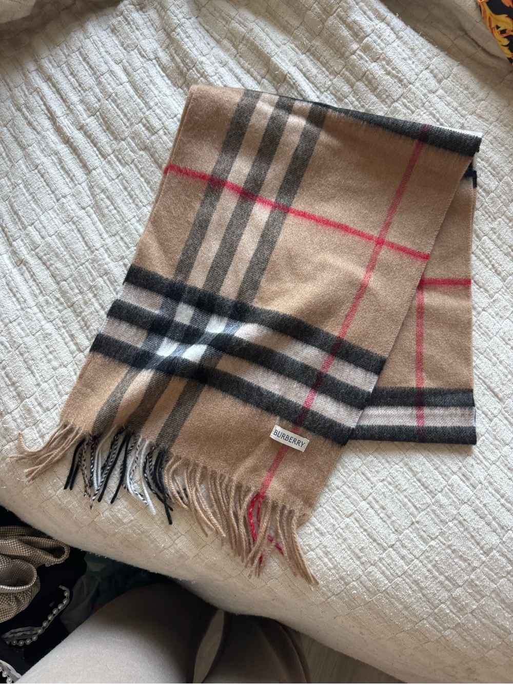 Burberry Tan Check Cashmere Scarf with Black and Red Stripes